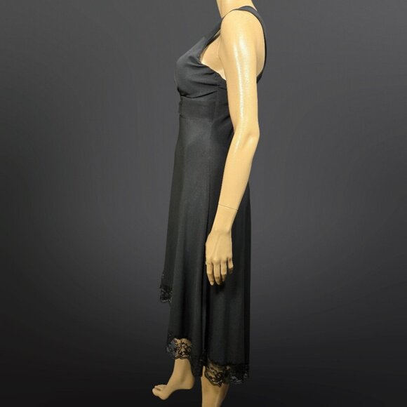 Vintage 90s Black Dress Size M Silver Buckle Lace Trim Witchy Goth Prom Party - Picture 5 of 8